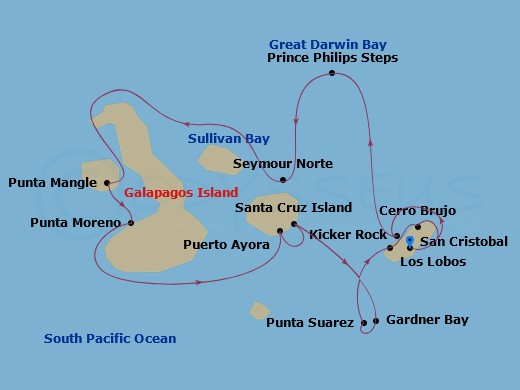 7 Night - San Cristobal to San Cristobal - Silver Origin - Starting in San Cristobal, Galapagos, Kicker Rock, Prince Philips Steps, Genovesa, Darwin Bay, Genovesa, North Seymour, Sullivan Bay (Santiago), Punta Mangle, Fernandina, Punta Moreno, Isabela, Santa Cruz Highlands, Fausto Llerena Breeding Center, Puerto Ayora, Gardner Bay, Espanola, Punta Suarez, Espanola, San Cristobal, Isla lobos, Cerro Brujo, San Cristobal, San Cristobal, Galapagos itinerary map
