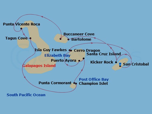 7 Night - San Cristobal to San Cristobal - Silver Origin - Starting in San Cristobal, Galapagos, Kicker Rock, Isla Bartolome, Buccaneer Cove, Santiago, Punta Vicente Roca (Isabela), Punta Espinoza, Fernandina, Tagus Cove (Isabela), Elizabeth Bay (Isabela), Post Office Bay (Floreana), Champion Islet (Floreana), Punta Cormorant (Floreana), Santa Cruz Highlands, Fausto Llerena Breeding Center, Puerto Ayora, Cerro Dragon, Isla Guy Fawkes, Bahia Bowditch, San Cristobal, Galapagos itinerary map