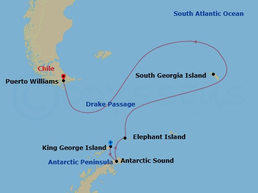 15 Night - King George Island to Puerto Williams - Silver Endeavour - Starting in King George Island, Antarctic Peninsula, Antarctic Sound, Elephant Island, South Georgia, Drake Passage, Puerto Williams itinerary map