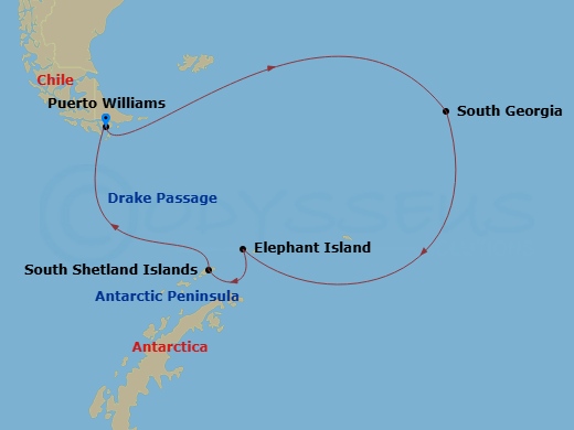 15 Night - Puerto Williams to Puerto Williams - Silver Cloud - Starting in Puerto Williams, South Georgia, Drake Passage, Elephant Island, Antarctic Peninsula, South Shetland Islands, Drake Passage, Puerto Williams itinerary map