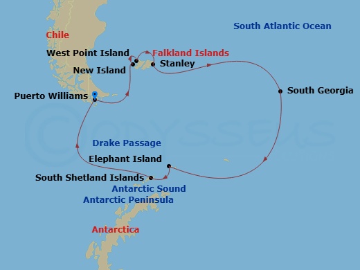 18 Night - Puerto Williams to Puerto Williams - Silver Cloud - Starting in Puerto Williams, New Island, West Point Island, Port Stanley, Falkland Islands, South Georgia, Elephant Island, Antarctic Sound, Antarctic Peninsula, South Shetland Islands, Drake Passage, Puerto Williams itinerary map