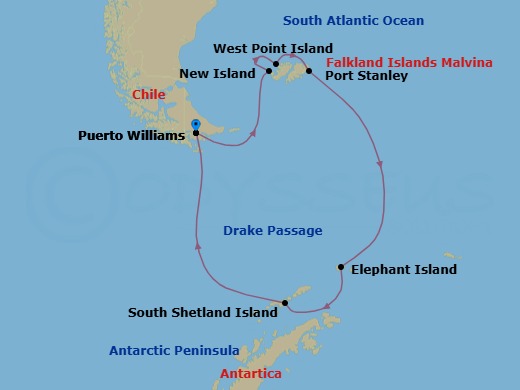 12 Night - Puerto Williams to Puerto Williams - Silver Cloud - Starting in Puerto Williams, New Island, West Point Island, Port Stanley, Falkland Islands, Elephant Island, Antarctic Peninsula, South Shetland Islands, Drake Passage, Puerto Williams itinerary map