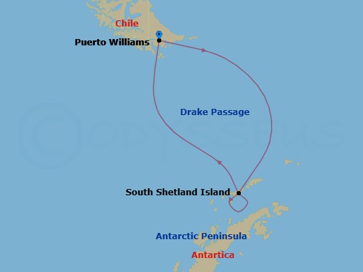 10 Night - Puerto Williams to Puerto Williams - Silver Cloud - Starting in Puerto Williams, Drake Passage, South Shetland Islands, Antarctic Peninsula, South Shetland Islands, Drake Passage, Puerto Williams itinerary map