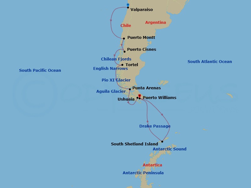 21 Night - Valparaiso to Puerto Williams - Silver Cloud - Starting in Valparaiso, Puerto Montt, Puerto Cisnes, Tortel, Cruise English Narrows, Cruising Pio XI Glacier, Cruise Chilean Fjords, Aguila Glacier, Punta Arenas, Ushuaia, Drake Passage, South Shetland Islands, Antarctic Peninsula, South Shetland Islands, Drake Passage, Puerto Williams itinerary map
