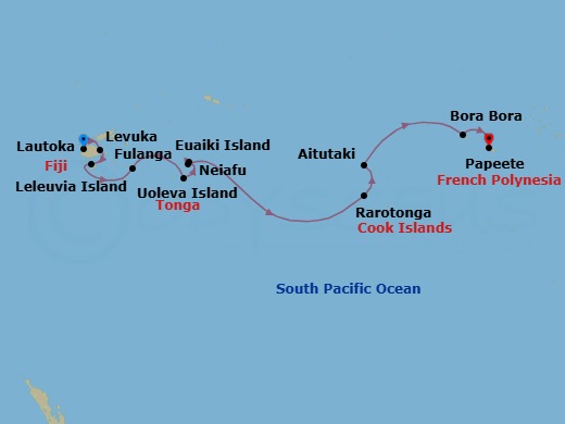 11 Night - Lautoka to Papeete - Silver Cloud - Starting in Lautoka, Levuka, Ovalau, Leleuvia Island, Fulaga, Uoleva Island, Neiafu, Vavau Group, Eueiki Island, Date Line gain a day, Rarotonga, Aitutaki, Bora Bora (Society Islands), Papeete (Tahiti) itinerary map
