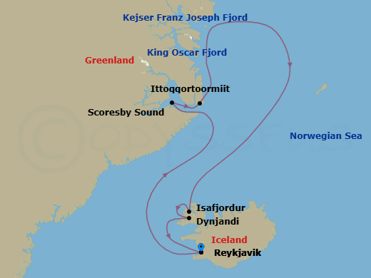 10 Night - Reykjavik to Reykjavik - Silver Endeavour - Starting in Reykjavik, King Oscar Fjord, Scoresby Sund, Ittoqqortoormiit, Isafjordur, Dynjandi Waterfalls, Reykjavik itinerary map