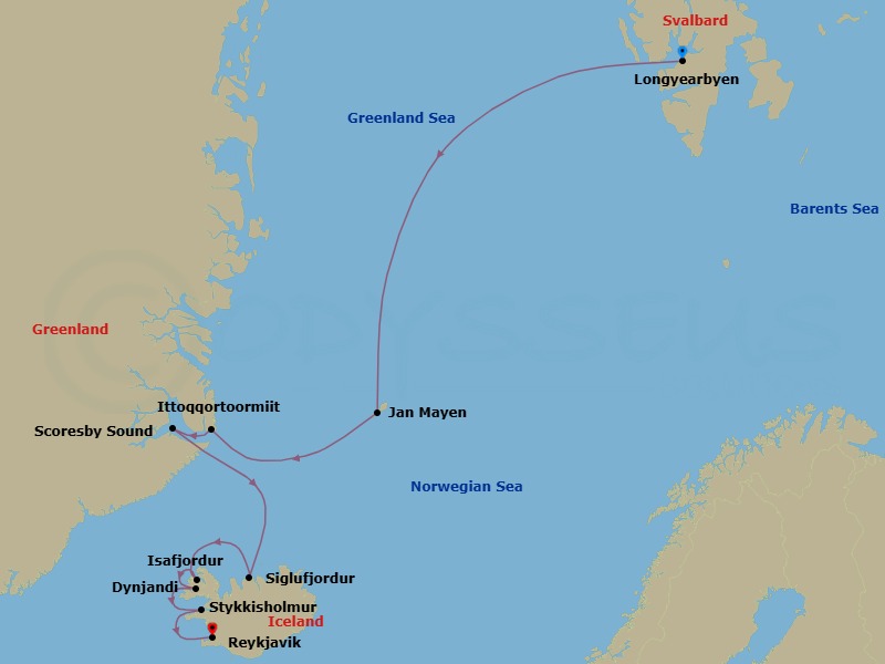 18 Night - Longyearbyen to Reykjavik - Silver Endeavour - Starting in Longyearbyen, Svalbard Northern Region, Jan Mayen Island, King Oscar Fjord, Ittoqqortoormiit, Scoresby Sund, Siglufjordur, Isafjordur, Dynjandi Waterfalls, Stykkisholmur, Reykjavik itinerary map