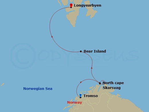 9 Night - Tromso to Longyearbyen - Silver Endeavour - Starting in Tromso, Skarsvag (Nordkapp), Cruising Along North Cape, Bear Island, Svalbard, Svalbard Southern Region, Svalbard Northern Region, Longyearbyen itinerary map