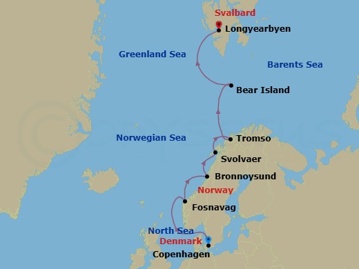 14 Night - Copenhagen to Longyearbyen - Silver Endeavour - Starting in Copenhagen, Fosnavag, Bronnoysund, Svolvaer, Tromso, Bear Island, Svalbard, Svalbard Southern Region, Svalbard Northern Region, Longyearbyen itinerary map