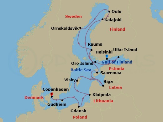 14 Night - Helsinki to Copenhagen - Silver Endeavour - Starting in Helsinki, Ulko Island, Oro Island, Rauma, Ornskoldsvik, Oulu, Kalajoki, Saaremaa, Riga, Visby (Gotland), Klaipeda, Gdansk, Gudhjem, Bornholm, Copenhagen itinerary map