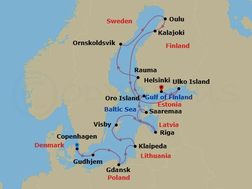 14 Night - Copenhagen to Helsinki - Silver Endeavour - Starting in Copenhagen, Gudhjem, Bornholm, Gdansk, Klaipeda, Visby (Gotland), Riga, Saaremaa, Oro Island, Rauma, Ornskoldsvik, Oulu, Kalajoki, Ulko Island, Helsinki itinerary map