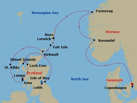 12 Night - Edinburgh to Copenhagen - Silver Endeavour - Starting in Edinburgh (Leith), Isle of May, Shiant Islands, Scotland, Loch Ewe, Lunga, Iona, St Kilda, Boreray Island cruising, Kirkwall, Orkney Islands, Scotland, Fair Isle, Scotland, Lerwick, Shetland Islands, Scotland, Noss, Scotland, Fosnavag, Rosendal, Copenhagen itinerary map