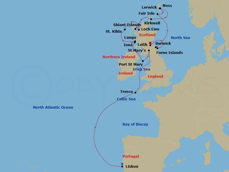 12 Night - Lisbon to Edinburgh - Silver Endeavour - Starting in Lisbon, Tresco, Isles of Scilly, St Marys (Isles of Scilly), Port St Mary, Isle of Man, Iona, Lunga, St Kilda, Boreray Island cruising, Shiant Islands, Scotland, Loch Ewe, Kirkwall, Orkney Islands, Scotland, Lerwick, Shetland Islands, Scotland, Noss, Scotland, Fair Isle, Scotland, Berwick-Upon-Tweed, Farne Islands, Edinburgh (Leith) itinerary map