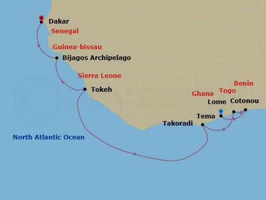 12 Night - Tema to Dakar - Silver Endeavour - Starting in Tema (Accra), Cotonou, Lome, Takoradi, Tokeh, Bijagos Archipelago, Dakar itinerary map