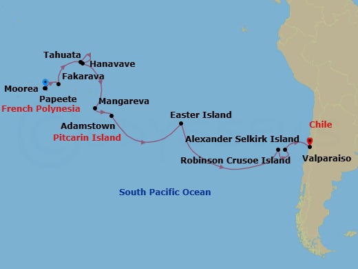 23 Night - Papeete to Valparaiso - Silver Cloud - Starting in Papeete (Tahiti), Moorea Island, Fakarava, Tuamotu Archipelago, Tahuata, Marquesas Islands, Hanavave, Fatu Hiva, Mangareva (Gambier Islands), Adamstown (Pitcairn Island), Easter Island, Alexander Selkirk Island, Robinson Crusoe Island, Valparaiso itinerary map