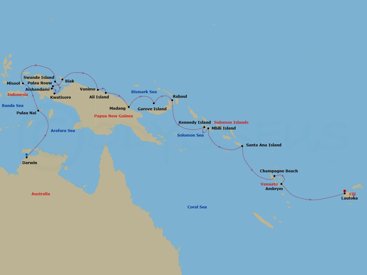 23 Night - Darwin to Lautoka - Silver Cloud - Starting in Darwin, Pulau Nai, Misool Island, Raja Ampat, Yenwapunor, Gam Island, Kri Island, Raja Ampat, Pulau Swande, Kwatisore, Cenderawasih Bay, Aisandami Village, Pulau Rouw, Pulau Biak, Vanimo, Ali Island, Madang, Garove Island, Rabaul, Kennedy Island, Mbili Island, Santa Ana, Champagne Beach, Ambrym Island, Lautoka itinerary map