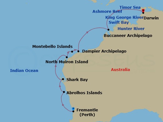 16 Night - Fremantle to Darwin - Silver Cloud - Starting in Fremantle (Perth), Western Australia, Abrolhos Islands, Cape Peron, Shark Bay, North Muiron Island, Montebello Islands, Dampier Archipelago, Buccaneer Archipelago Region, Hunter River Region, Western Australia, Ashmore Reef, Swift Bay, King George River (Kimberley, Western Australia), Darwin itinerary map