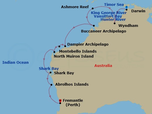 16 Night - Darwin to Fremantle - Silver Cloud - Starting in Darwin, Wyndham, King George River (Kimberley, Western Australia), Vansittart Bay (Jar Island), Ashmore Reef, Hunter River Region, Western Australia, Buccaneer Archipelago Region, Dampier Archipelago, Montebello Islands, North Muiron Island, Cape Peron, Shark Bay, Abrolhos Islands, Fremantle (Perth), Western Australia itinerary map