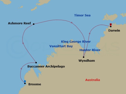 10 Night - Broome to Darwin - Silver Cloud - Starting in Broome (Kimberley), Buccaneer Archipelago Region, Hunter River Region, Western Australia, Ashmore Reef, Vansittart Bay (Jar Island), King George River (Kimberley, Western Australia), Wyndham, Darwin itinerary map