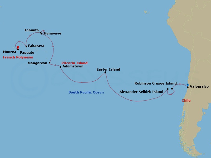 23 Night - Valparaiso to Papeete - Silver Cloud - Starting in Valparaiso, Robinson Crusoe Island, Alexander Selkirk Island, Easter Island, Adamstown (Pitcairn Island), Mangareva (Gambier Islands), Hanavave, Fatu Hiva, Tahuata, Marquesas Islands, Fakarava, Tuamotu Archipelago, Moorea Island, Papeete (Tahiti) itinerary map