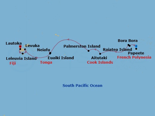 11 Night - Papeete to Lautoka - Silver Cloud - Starting in Papeete (Tahiti), Raiatea, Bora Bora (Society Islands), Aitutaki, Palmerston Island, Date Line lose a day, Neiafu, Vavau Group, Eueiki Island, Levuka, Ovalau, Leleuvia Island itinerary map