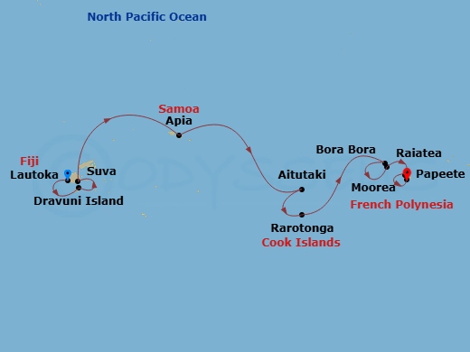 14 Night - Pre Cruise Tour Fiji Highlights - Norwegian Spirit Tours - Starting in At Hotel, Lautoka, Fiji, Dravuni, Fiji, Suva, Fiji, Apia, Samoa, Cross International Dateline, at Sea, Aitutaki, Cook Islands, Rarotonga, Cook Islands, Bora Bora, French Polynesia, Raiatea, French Polynesia, Moorea, French Polynesia, Papeete, French Polynesia itinerary map