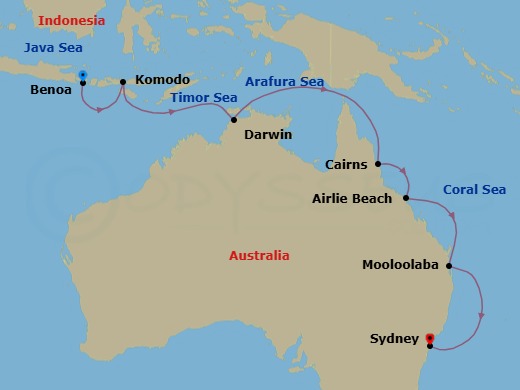 14 Night - Benoa to Sydney - Silver Moon - Starting in Benoa, Bali, Komodo Island, Darwin, Cairns, Airlie Beach, Mooloolaba, Sydney AU itinerary map