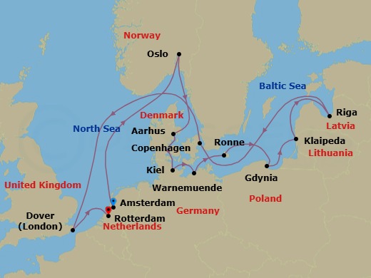 14 Night - Baltic Capitals & Berlin Oktoberfest - Nieuw Statendam - Starting in Amsterdam, the Netherlands, Oslo, Norway, Aarhus, Denmark, Kiel (Hamburg), Germany, Warnemunde (Berlin), Germany, Ronne (Bornholm), Denmark, Gdynia (Gdansk), Poland, Klaipeda, Lithuania, Riga, Latvia, Copenhagen, Denmark, Dover UK (London), England, Rotterdam, the Netherlands itinerary map