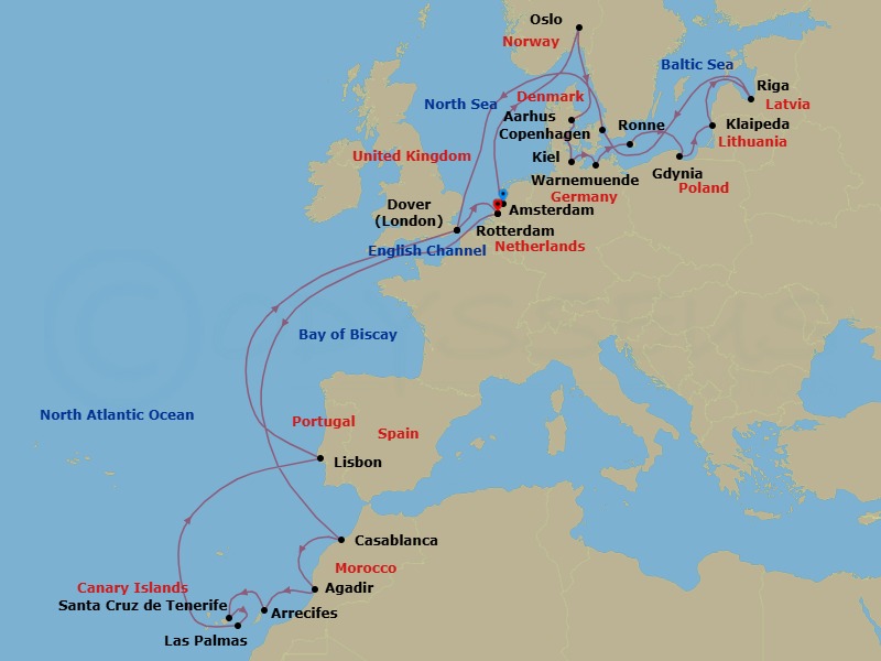28 Night - Oktoberfest & Canary Islands - Nieuw Statendam - Starting in Amsterdam, the Netherlands, Oslo, Norway, Aarhus, Denmark, Kiel (Hamburg), Germany, Warnemunde (Berlin), Germany, Ronne (Bornholm), Denmark, Gdynia (Gdansk), Poland, Klaipeda, Lithuania, Riga, Latvia, Copenhagen, Denmark, Dover UK (London), England, Rotterdam, the Netherlands, Casablanca, Morocco, Agadir, Morocco, Arrecife, Lanzarote, Canary Islands, Spain, Santa Cruz de Tenerife, Las Palmas, Gran Canaria, Canary Islands, Spain, Lisbon, Portugal, Dover UK (London), England, Rotterdam, the Netherlands itinerary map