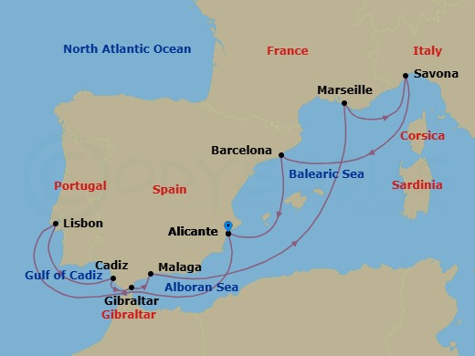 10 Night - Cruise Roundtrip from Alicante - Costa Diadema - Starting in Alicante, Lisbon, Cadiz, Gibraltar, Malaga, Marseille, Savona, Barcelona, Alicante itinerary map