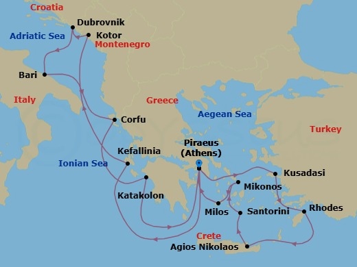 14 Night - Mediterranean Icons (East to West) - Celestyal Journey - Starting in Piraeus, Athens, Kusadasi, Rhodes, Agios Nikolaos, Crete, Santorini, Mykonos, Milos, Piraeus, Athens, Cephalonia, Kotor, Dubrovnik, Croatia, Bari, Kerkira (Corfu), Katakolon, Piraeus, Athens itinerary map