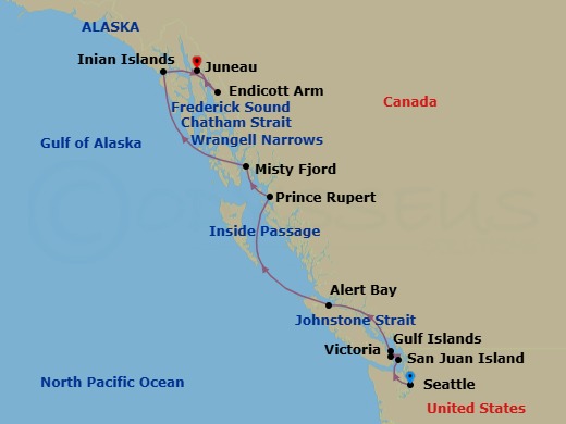 12 Night - Treasures of the Inside Passage - National Geographic Venture - Starting in Seattle, Washington / Embark Ship, San Juan Islands, Washington, Victoria CA, Canada, Gulf Islands, Alert Bay and Johnstone Strait, British Columbia, Inside Passage of British Columbia, Prince Rupert, Misty Fjords, Alaska, Wrangell Narrows, Frederick Sound and Chatham Strait, Inian Islands and Exploring Southeast Alaska, Endicott Arm, Juneau, Alaska / Disembark Ship itinerary map