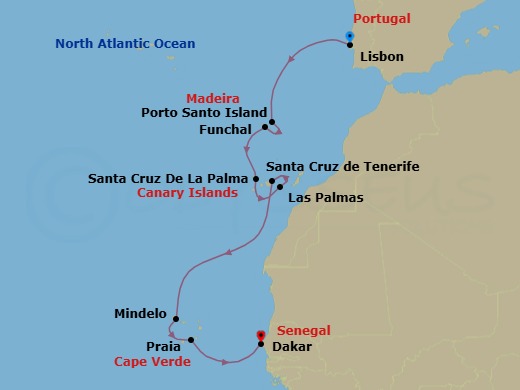 12 Night - Hidden Gems of the Atlantic & Africa - Scenic Ikon - Starting in Lisbon, Portugal, Porto Santo, Madeira, Portugal / Funchal, Portugal, Funchal, Madeira, Portugal, Santa Cruz de la Palma, Canary Islands, Spain, Las Palmas de Gran Canaria, Canary Islands, Spain, Santa Cruz de Tenerife, Canary Islands, Spain, Mindelo, Sao Vicente Island, Cape Verde, Praia, Santiago Island, Cape Verde, Dakar, Senegal itinerary map