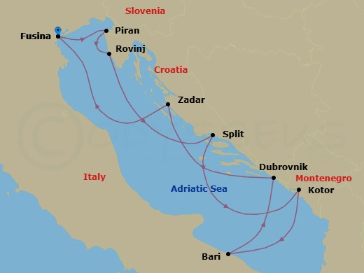 9 Night - Fusina to Fusina - Silver Spirit - Starting in Fusina (Venice), Piran, Rovinj, Split, Kotor, Bari, Dubrovnik, Croatia, Zadar, Fusina (Venice) itinerary map