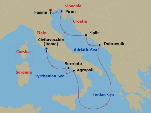 7 Night - Civitavecchia to Fusina - Silver Ray - Starting in Civitavecchia (Rome), Sorrento, Agropoli, Dubrovnik, Croatia, Split, Piran, Fusina (Venice) itinerary map