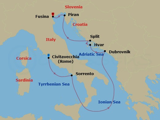 7 Night - Civitavecchia to Fusina - Silver Ray - Starting in Civitavecchia (Rome), Sorrento, Dubrovnik, Croatia, Hvar, Split, Piran, Fusina (Venice) itinerary map