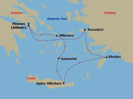 7 Night - Idyllic Greece - Celestyal Journey - Starting in Piraeus, Athens, Kusadasi, Rhodes, Agios Nikolaos, Crete, Santorini, Mykonos, Piraeus, Athens itinerary map