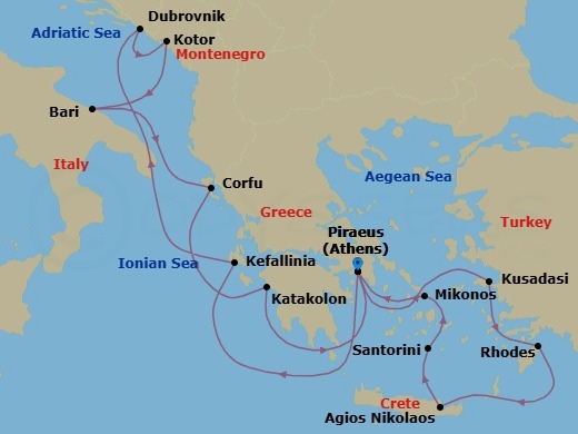 14 Night - Mediterranean Icons (West to East) - Celestyal Journey - Starting in Piraeus, Athens, Cephalonia, Dubrovnik, Croatia, Kotor, Bari, Kerkira (Corfu), Katakolon, Piraeus, Athens, Kusadasi, Rhodes, Agios Nikolaos, Crete, Santorini, Mykonos, Piraeus, Athens itinerary map