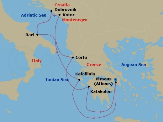 7 Night - Heavenly Greece, Italy and Croatia - Celestyal Journey - Starting in Piraeus, Athens, Cephalonia, Kotor, Dubrovnik, Croatia, Bari, Kerkira (Corfu), Katakolon, Piraeus, Athens itinerary map