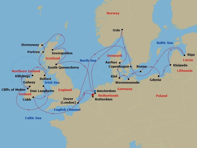 28 Night - British Isles & Oktoberfest - Nieuw Statendam - Starting in Amsterdam, the Netherlands, South Queensferry (Edinburgh), Scotland, United Kingdom, Invergordon (Inverness), Scotland, United Kingdom, Stornoway, Isle of Lewis, Scotland, United Kingdom, Portree (Isle of Skye), Scotland, United Kingdom, Belfast, Northern Ireland, United Kingdom, Killybegs, Donegal, Ireland, Galway, Ireland, Scenic cruising Cliffs of Moher, Dun Laoghaire (Dublin), Ireland, Cobh (Cork), Ireland, Dover UK (London), England, Amsterdam, the Netherlands, Oslo, Norway, Aarhus, Denmark, Kiel (Hamburg), Germany, Warnemunde (Berlin), Germany, Ronne (Bornholm), Denmark, Gdynia (Gdansk), Poland, Klaipeda, Lithuania, Riga, Latvia, Copenhagen, Denmark, Dover UK (London), England, Rotterdam, the Netherlands itinerary map