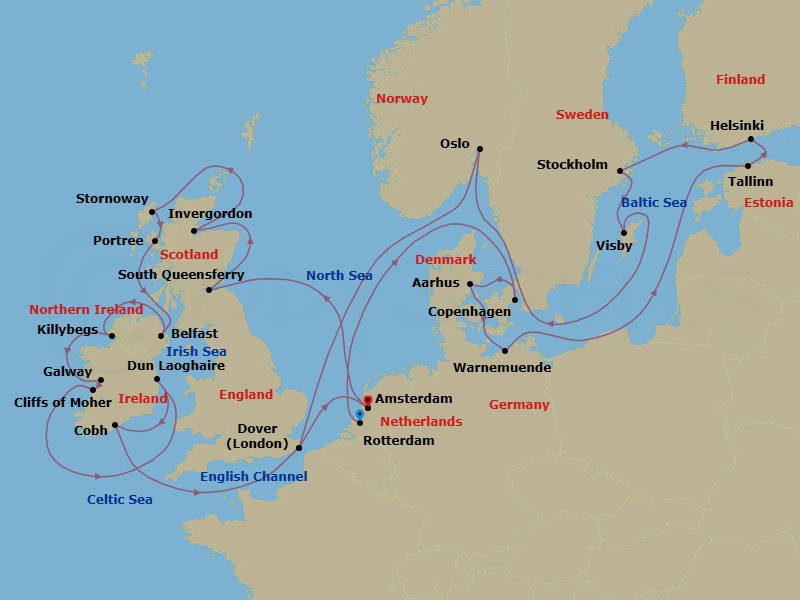 28 Night - Scandinavian Capitals & British Isles : Belfast - Nieuw Statendam - Starting in Rotterdam, the Netherlands, Copenhagen, Denmark, Aarhus, Denmark, Warnemunde (Berlin), Germany, Tallinn, Estonia, Helsinki, Finland, Stockholm, Sweden, Visby, Gotland, Sweden, Oslo, Norway, Scenic cruising Oslofjord, Dover UK (London), England, Amsterdam, the Netherlands, South Queensferry (Edinburgh), Scotland, United Kingdom, Invergordon (Inverness), Scotland, United Kingdom, Stornoway, Isle of Lewis, Scotland, United Kingdom, Portree (Isle of Skye), Scotland, United Kingdom, Belfast, Northern Ireland, United Kingdom, Killybegs, Donegal, Ireland, Galway, Ireland, Scenic cruising Cliffs of Moher, Dun Laoghaire (Dublin), Ireland, Cobh (Cork), Ireland, Dover UK (London), England, Amsterdam, the Netherlands itinerary map