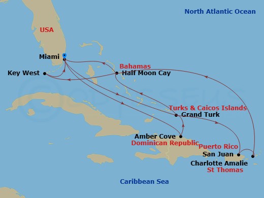 14 Night - Eastern Caribbean : Bahamas & San Juan Holiday - Zuiderdam - Starting in Miami, Florida, Amber Cove, Dominican Republic, Grand Turk, Turks and Caicos, RelaxAway, Half Moon Cay, Bahamas, Key West, Florida, Miami, Florida, Grand Turk, Turks and Caicos, San Juan, Puerto Rico, St Thomas, US Virgin Islands, RelaxAway, Half Moon Cay, Bahamas, Miami, Florida itinerary map