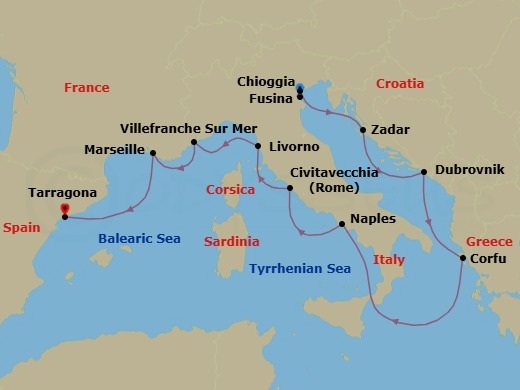 12 Night - Mediterranean Odyssey - Viking Star - Starting in Venice (Chioggia), Venice (Fusina), Zadar, Dubrovnik, Croatia, Corfu (Kerkyra), Sail the Ionian Sea, Naples, Rome (Civitavecchia), Florence / Pisa (Livorno), Villefranche-Sur-Mer, Marseille, Barcelona (Tarragona) itinerary map