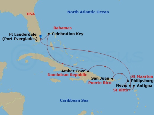 10 Night - Eastern Caribbean with St. Kitts & Celebration Key - Enchanted Princess - Starting in Fort Lauderdale, Florida, St Kitts, Antigua, St Maarten, San Juan, Puerto Rico, Amber Cove, Dominican Republic, Celebration Key, Bahamas, Fort Lauderdale, Florida itinerary map