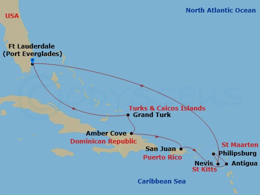10 Night - Eastern Caribbean with St. Kitts Holiday - Enchanted Princess - Starting in Fort Lauderdale, Florida, Grand Turk, Turks and Caicos, Amber Cove, Dominican Republic, San Juan, Puerto Rico, Antigua, St Maarten, St Kitts, Fort Lauderdale, Florida itinerary map