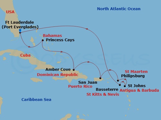 10 Night - Eastern Caribbean with St. Kitts - Enchanted Princess - Starting in Fort Lauderdale, Florida, Princess Cays, Bahamas, Amber Cove, Dominican Republic, San Juan, Puerto Rico, St Maarten, Antigua, St Kitts, Fort Lauderdale, Florida itinerary map