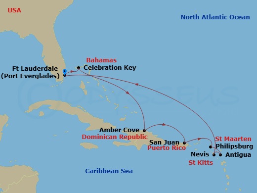 10 Night - Eastern Caribbean with St. Kitts & Celebration Key - Enchanted Princess - Starting in Fort Lauderdale, Florida, Celebration Key, Bahamas, Amber Cove, Dominican Republic, San Juan, Puerto Rico, St Maarten, Antigua, St Kitts, Fort Lauderdale, Florida itinerary map