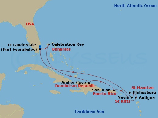 10 Night - Eastern Caribbean with St. Kitts & Celebration Key - Enchanted Princess - Starting in Fort Lauderdale, Florida, Celebration Key, Bahamas, Amber Cove, Dominican Republic, San Juan, Puerto Rico, Antigua, St Maarten, St Kitts, Fort Lauderdale, Florida itinerary map