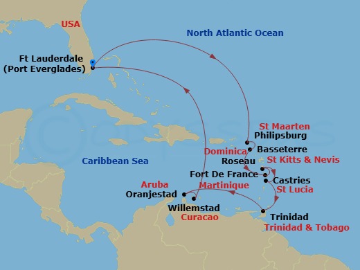 14 Night - Circle Caribbean - Enchanted Princess - Starting in Fort Lauderdale, Florida, St Maarten, St Kitts, Martinique, Dominica, St Lucia, Trinidad, Trinidad and Tobago, Aruba, Curacao, Fort Lauderdale, Florida itinerary map