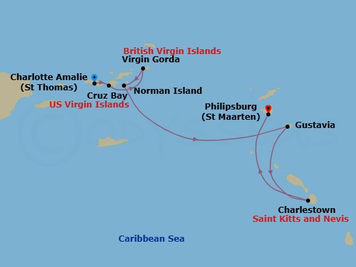 7 Night - St. Barths & Caribbean Gems Cruise - SeaDream II - Starting in Charlotte Amalie, St Thomas, St John VI (Cruz Bay), US Virgin Islands, Spanish Town, Virgin Gorda, Leverick Bay, Virgin Gorda, Norman Island, Gustavia, Charlestown, Nevis, Philipsburg itinerary map